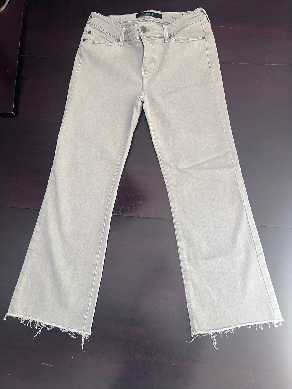 Liverpool 6 Crop Flare  Low Rise Women's Light Gray Jeans with Raw Hem